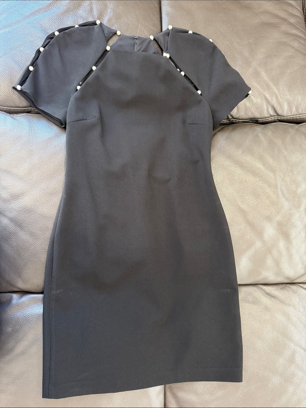 Alice + Olivia Black Mini Dress with Pearl-Trimmed Puff Sleeves